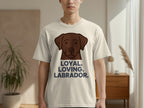 Cream t-shirt with brown Labrador dog graphic and text.