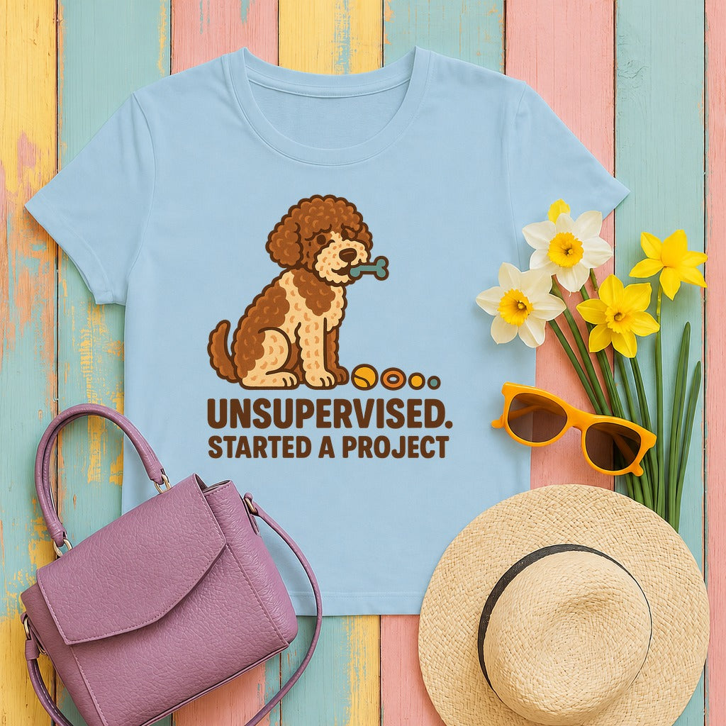 Lagotto Unsupervised Started a Project Tee in Light Blue