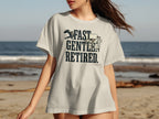 Cream t-shirt with "FAST. GENTLE. RETIRED." text and dog graphic.