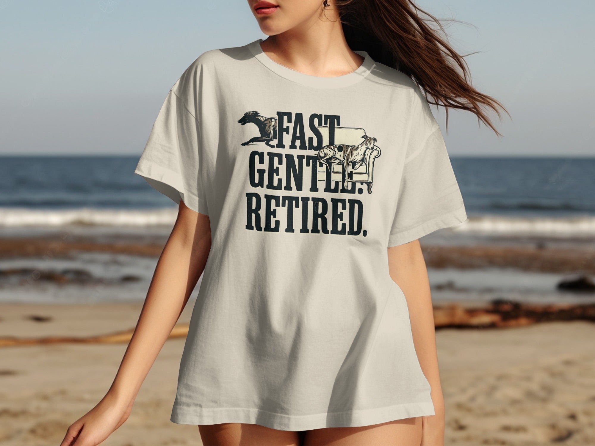 Cream t-shirt with "FAST. GENTLE. RETIRED." text and dog graphic.