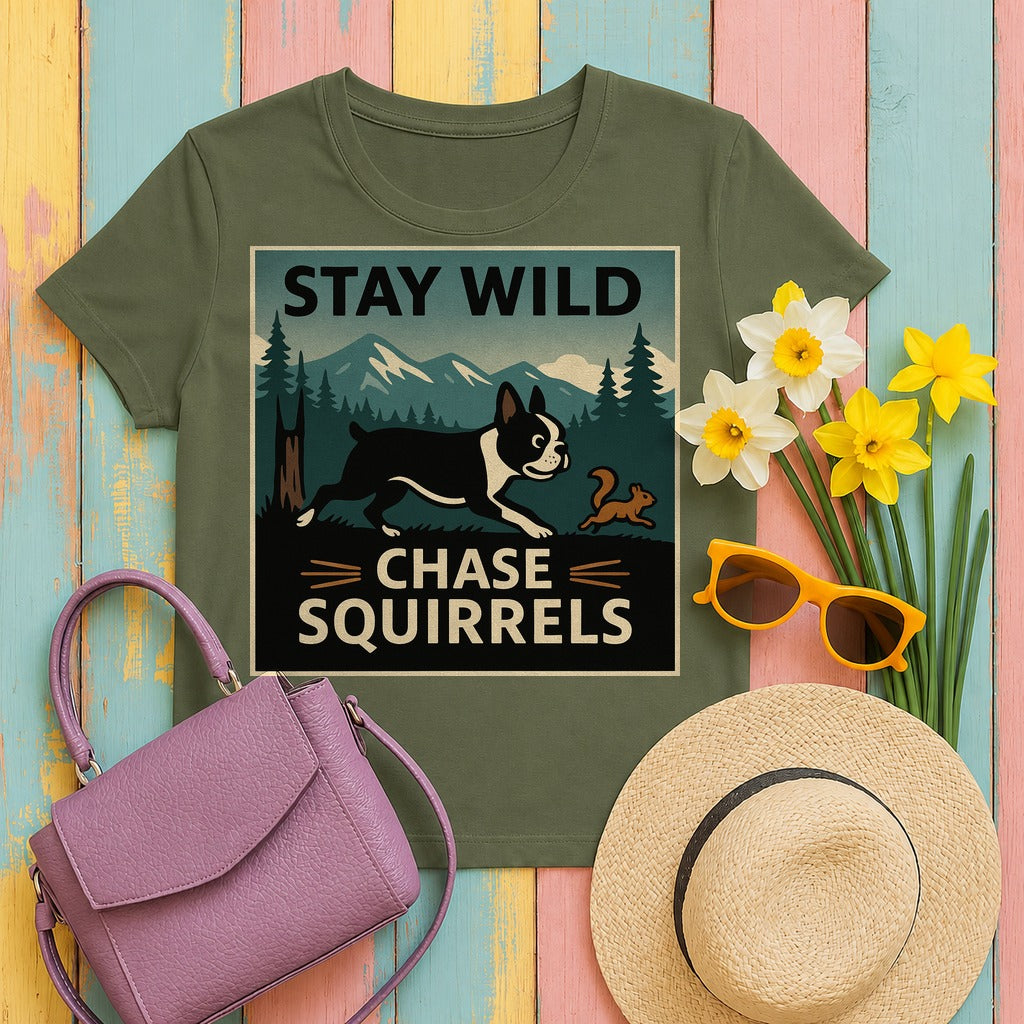 Stay Wild Boston Terrier T-shirt in Military Green