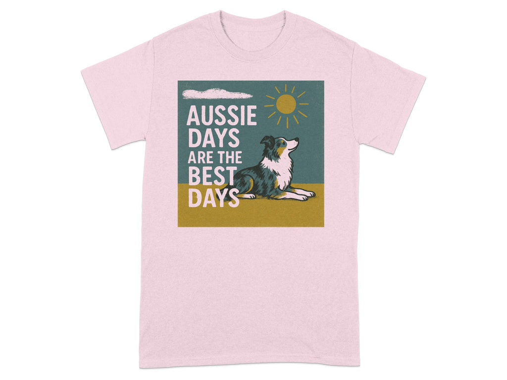Pink t-shirt with graphic of a dog and text "Aussie days are the best days".