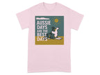 Pink t-shirt with graphic of a dog and text "Aussie days are the best days".
