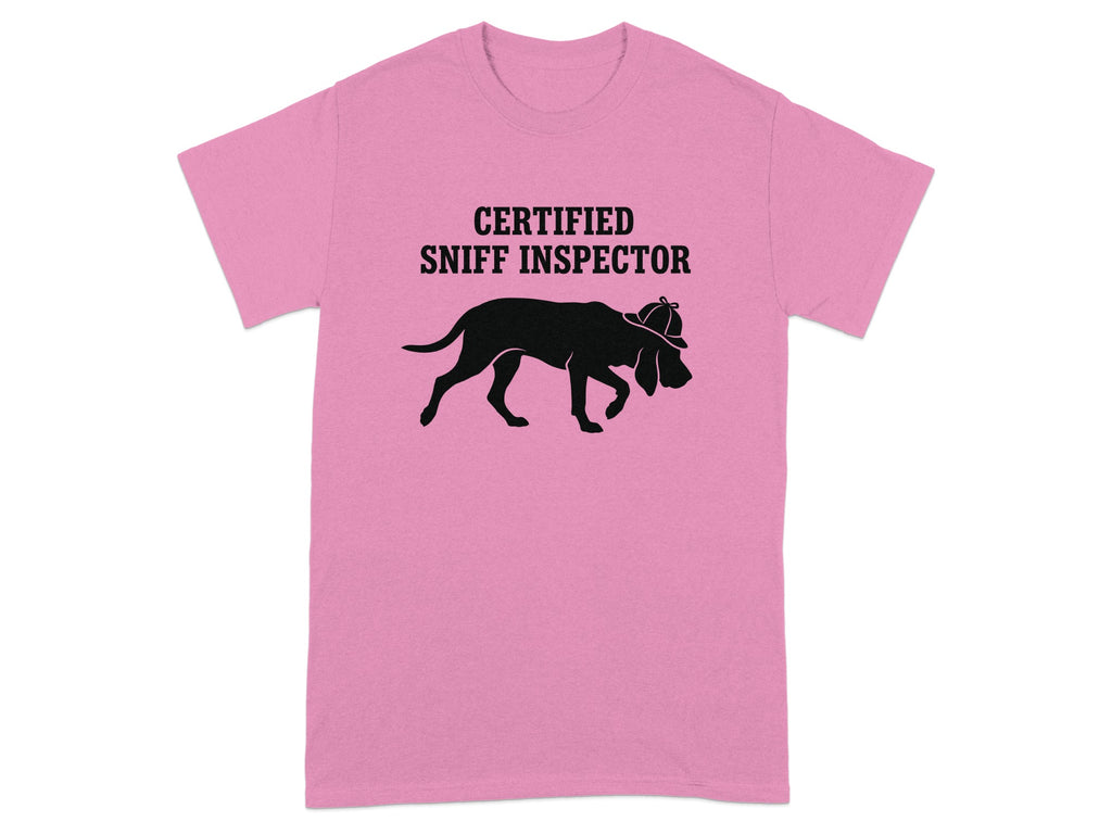 Pink t-shirt with silhouette of a dog wearing a hat, text "CERTIFIED SNIFF INSPECTOR".