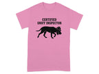 Pink t-shirt with silhouette of a dog wearing a hat, text "CERTIFIED SNIFF INSPECTOR".