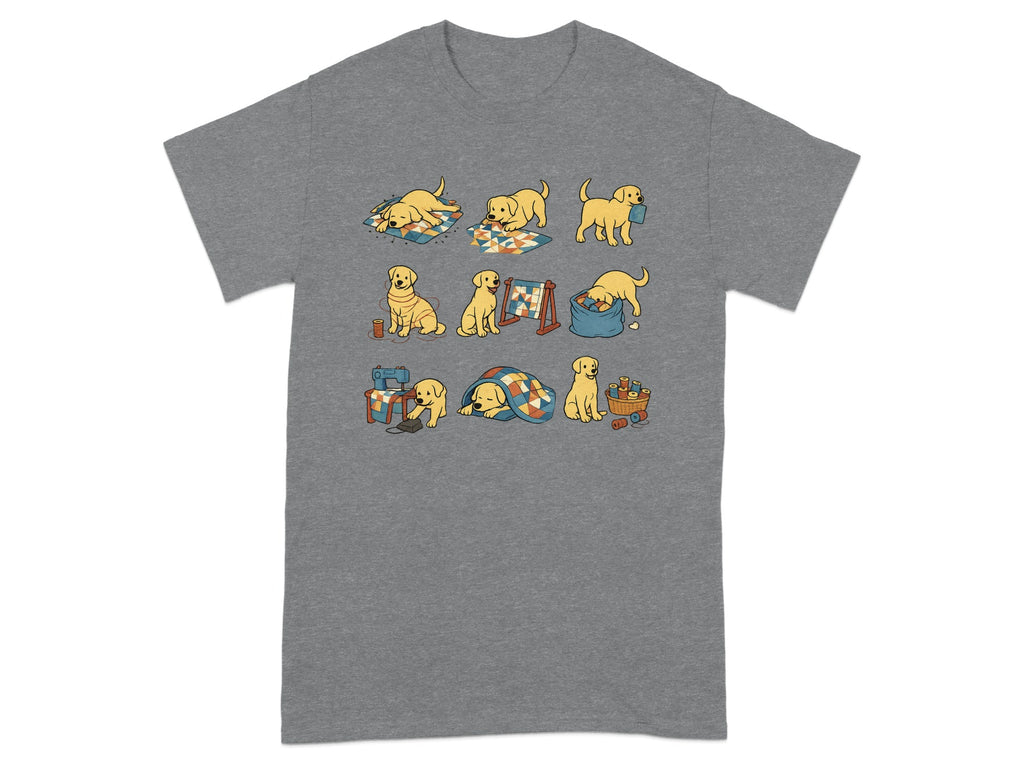 Sewing-themed graphic featuring nine whimsical illustrations of playful puppies.