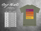 Gildan 5000 t-shirt size chart with text "Eat. Pet goldens. Repeat."