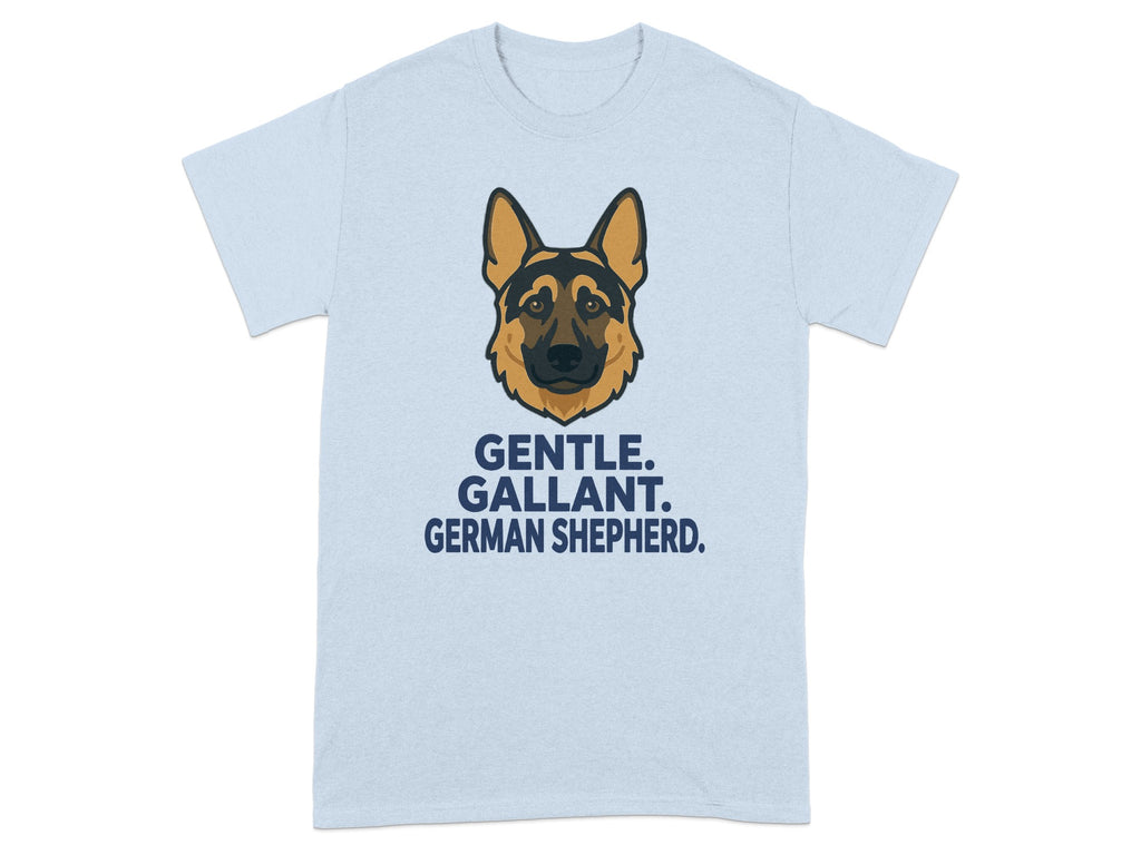Light blue t-shirt with a German Shepherd head and text "GENTLE. GALLANT. GERMAN SHEPHERD."