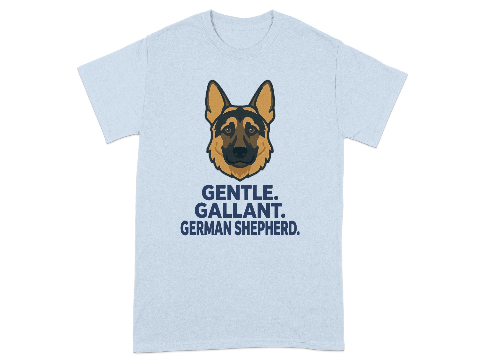 Light blue t-shirt with a German Shepherd head and text "GENTLE. GALLANT. GERMAN SHEPHERD."