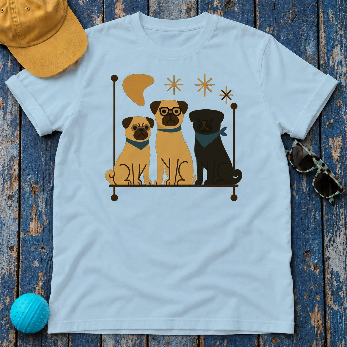 Mid-Mod Pug Parade Graphic T-Shirt in Light Blue
