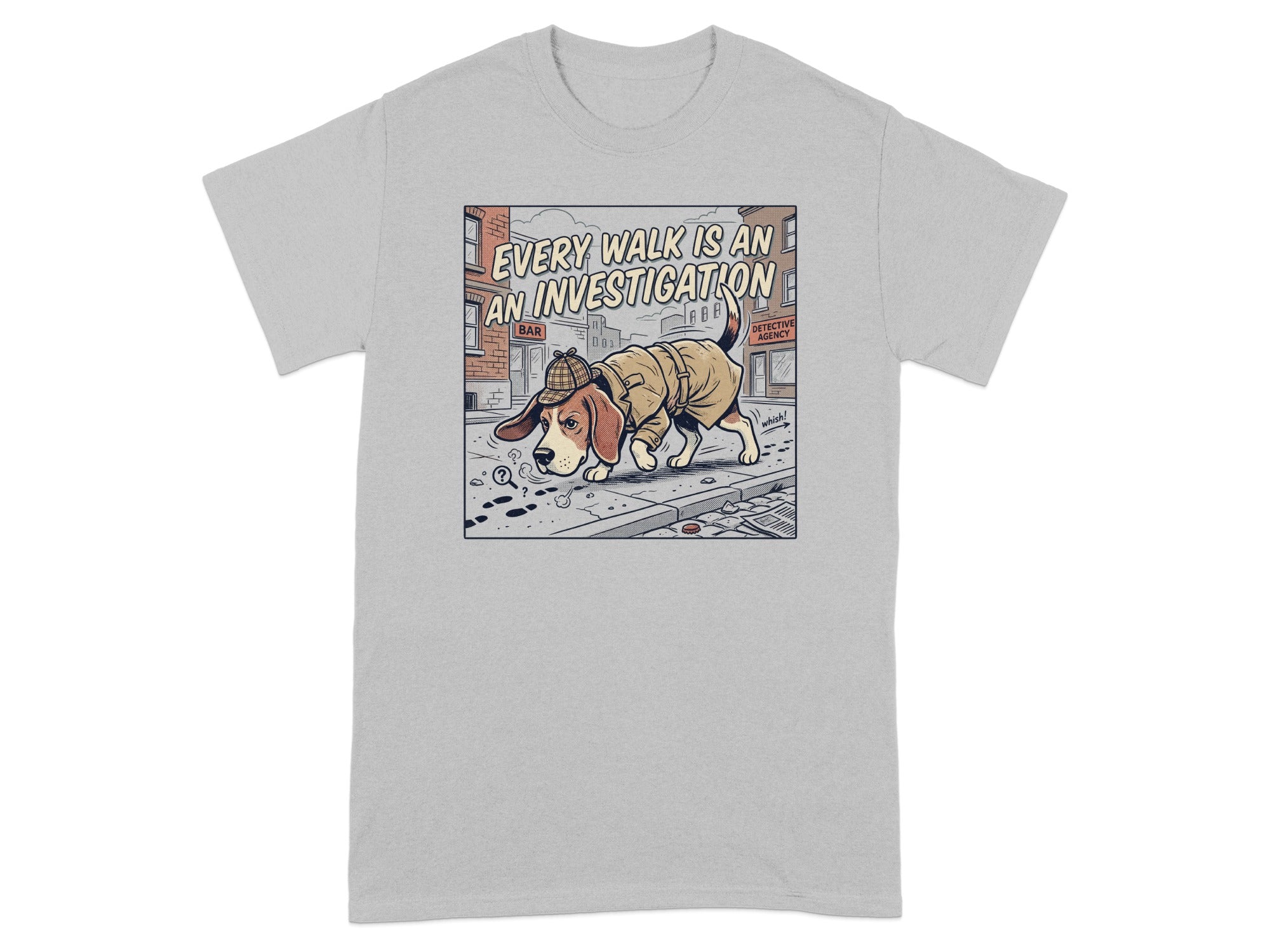 T-shirt with cartoon beagle detective investigating paw prints and a magnifying glass.