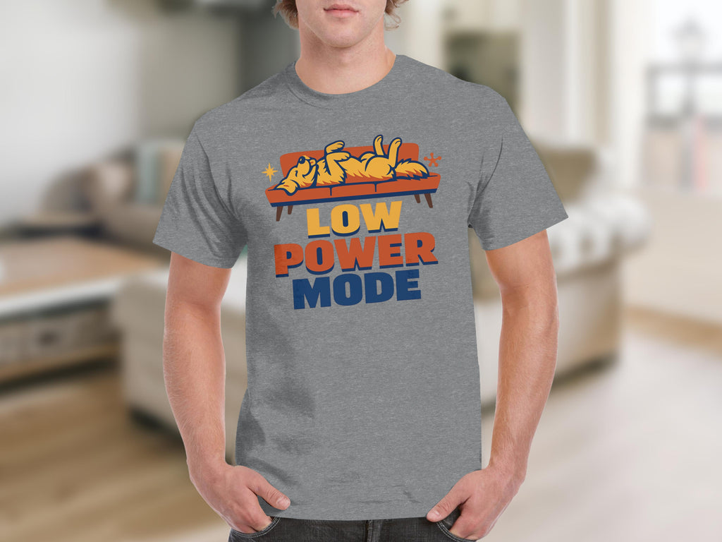 Grey t-shirt with "Low Power Mode" text and a dog sleeping on a couch.