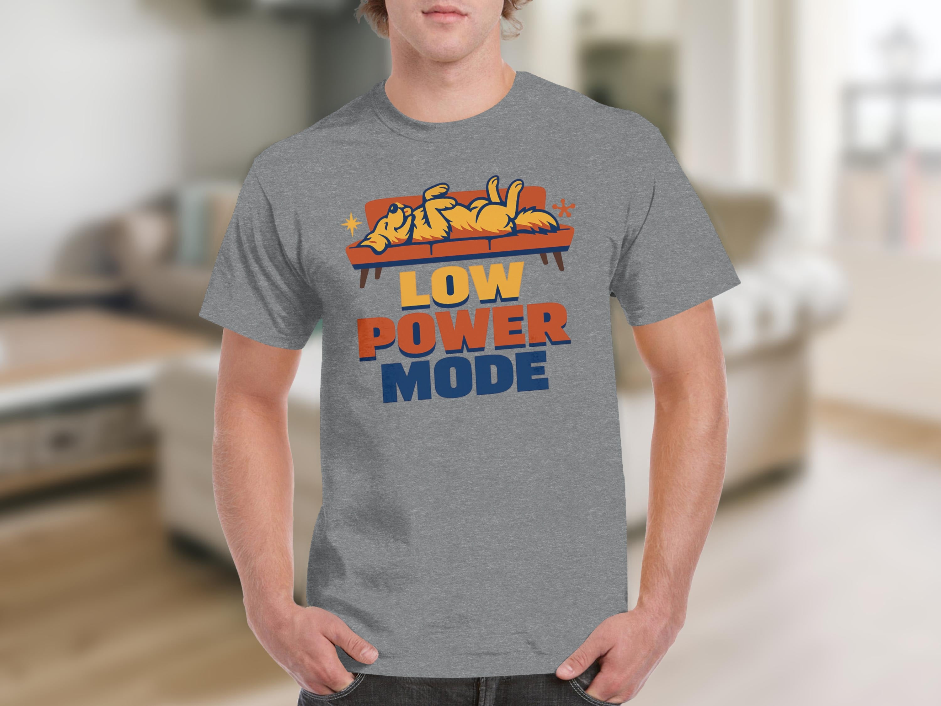Grey t-shirt with "Low Power Mode" text and a dog sleeping on a couch.