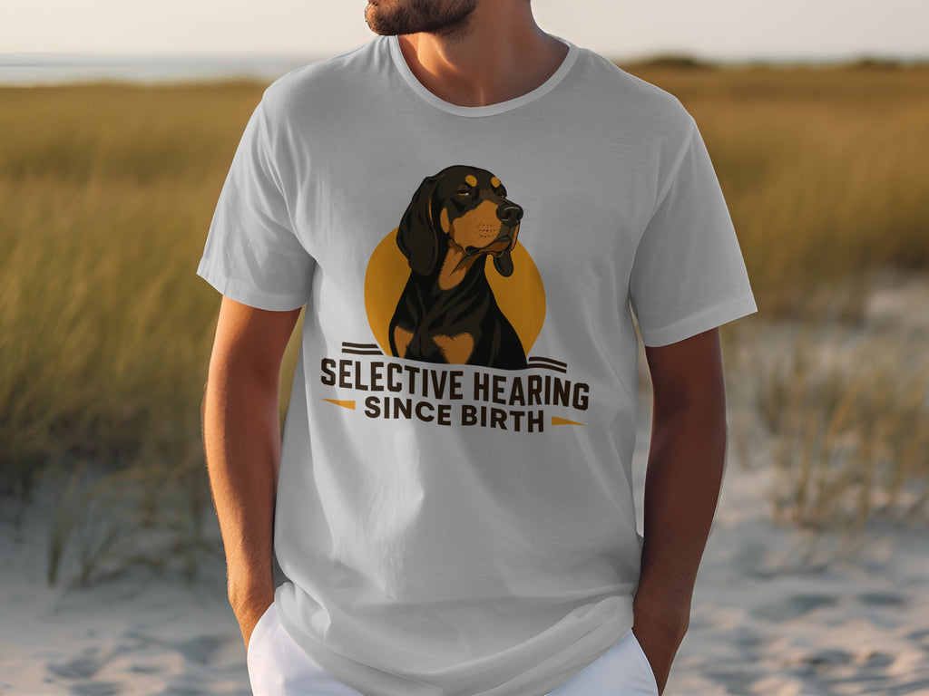 T-shirt with dog graphic and text "SELECTIVE HEARING SINCE BIRTH".