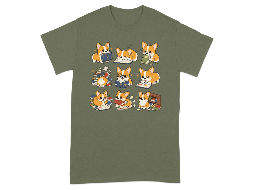 T-shirt with repeated graphic of adorable corgis reading and interacting with books.