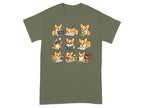 T-shirt with repeated graphic of adorable corgis reading and interacting with books.