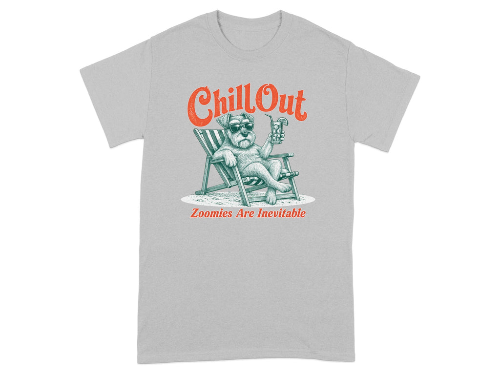Schnauzer in sunglasses relaxing with a drink, "Chill Out" text.