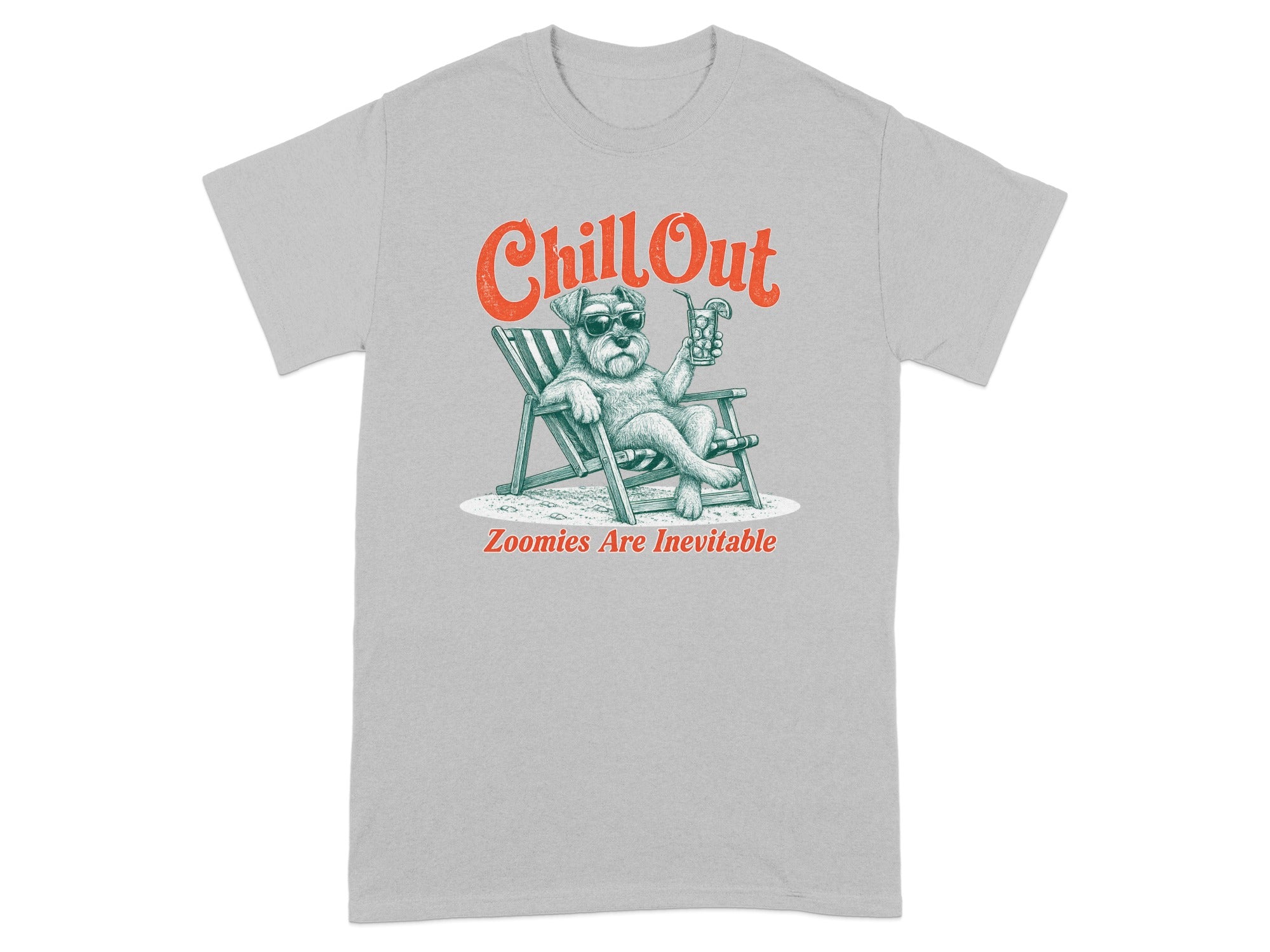 Schnauzer in sunglasses relaxing with a drink, "Chill Out" text.