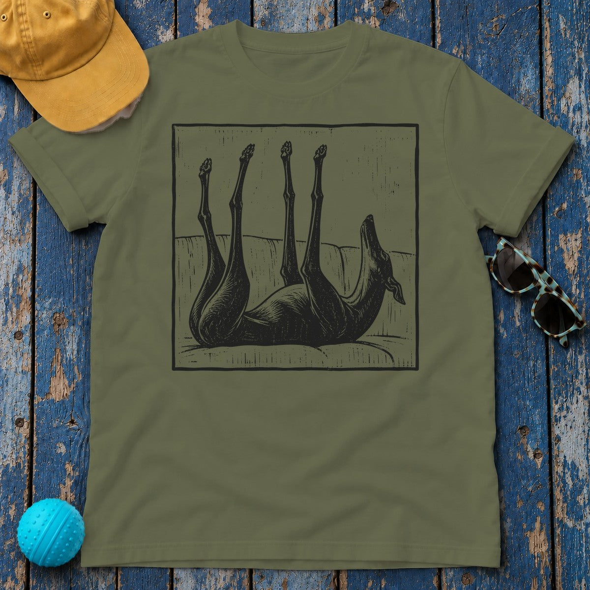 Upside Down Sleeping Greyhound T-Shirt in Military Green