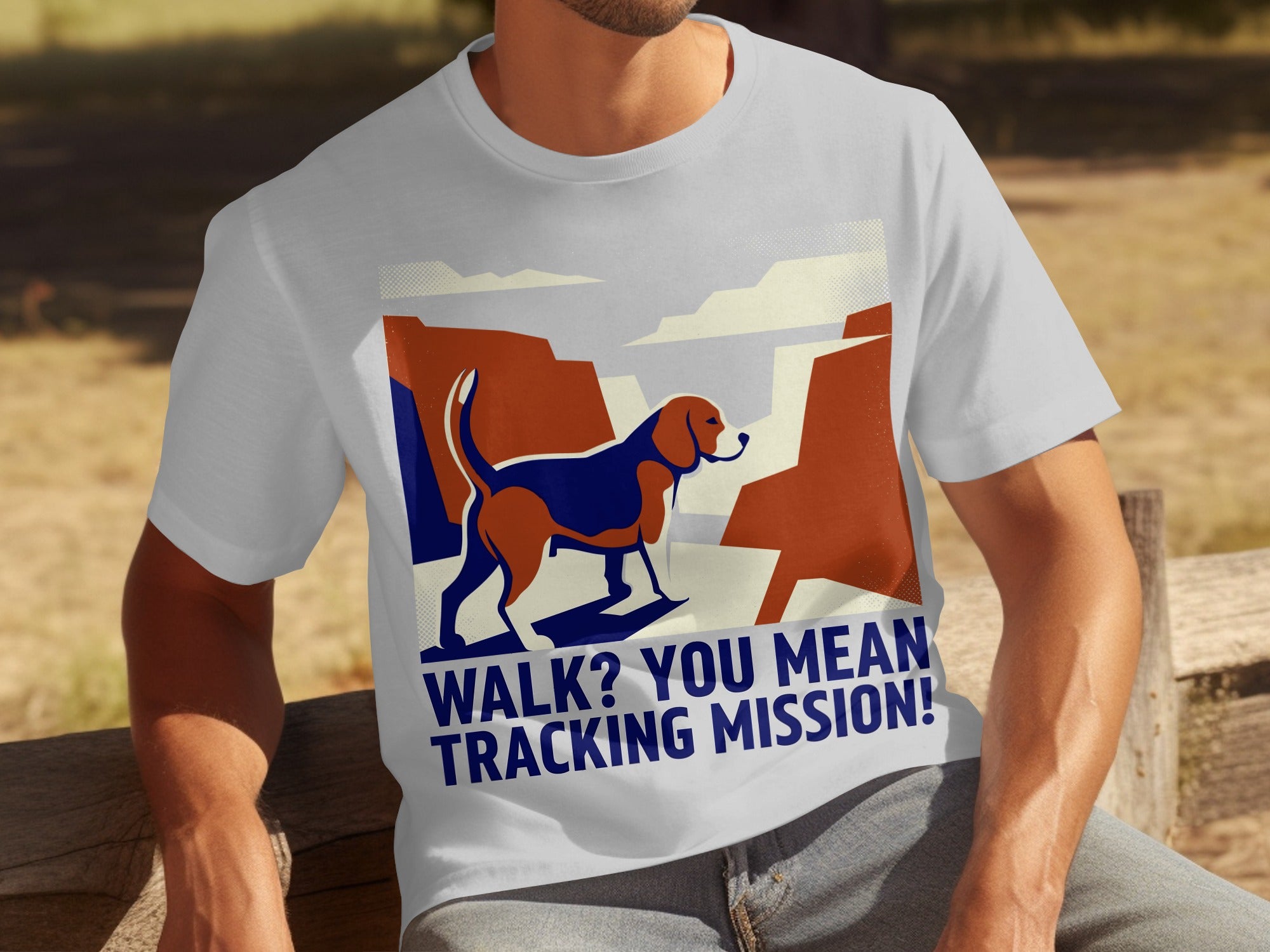 Beagle on t-shirt with "WALK? YOU MEAN TRACKING MISSION!" text.