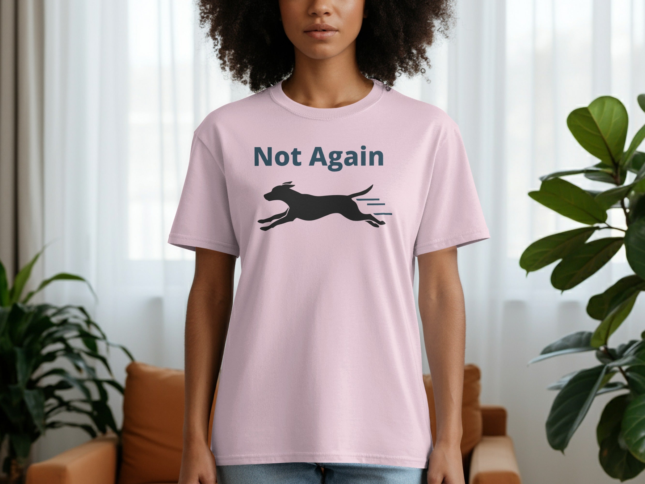 Not Again Dog Running Print on Light Pink Shirt