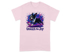 Pink t-shirt with a Boston Terrier bursting from colorful paint splashes, text "Unleash the Joy".