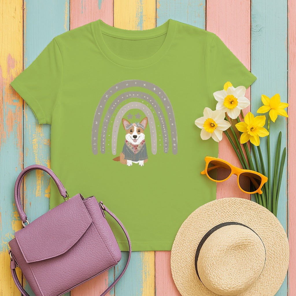 Cute Corgi with Rainbow Stars Print T-Shirts in Kiwi