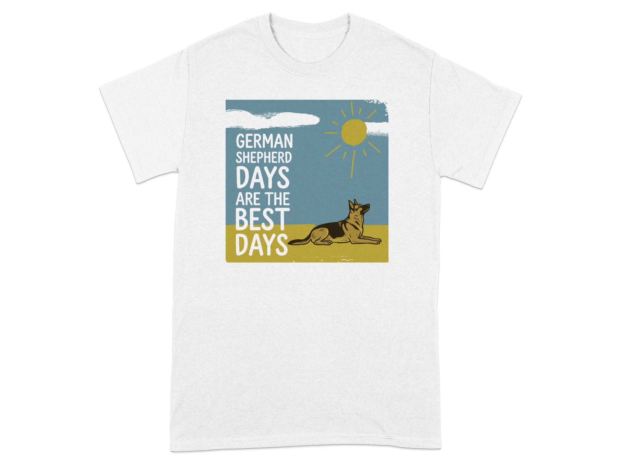 German Shepherd dog resting in sun with text "German Shepherd Days Are The Best Days".