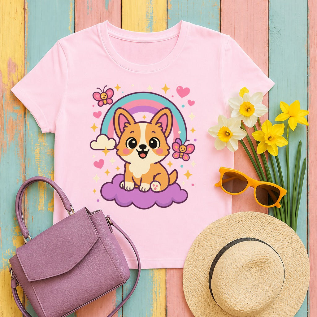 Corgi Dog on Cloud T-Shirt in Light Pink