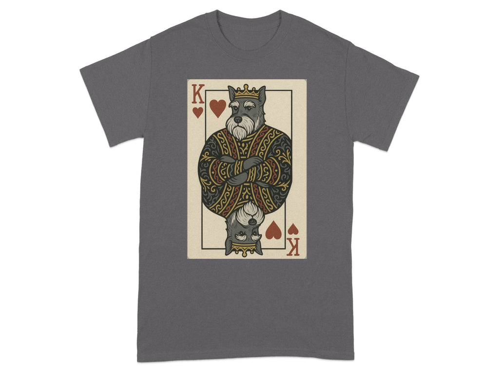 Dark grey t-shirt with King playing card featuring a schnauzer wearing a crown.