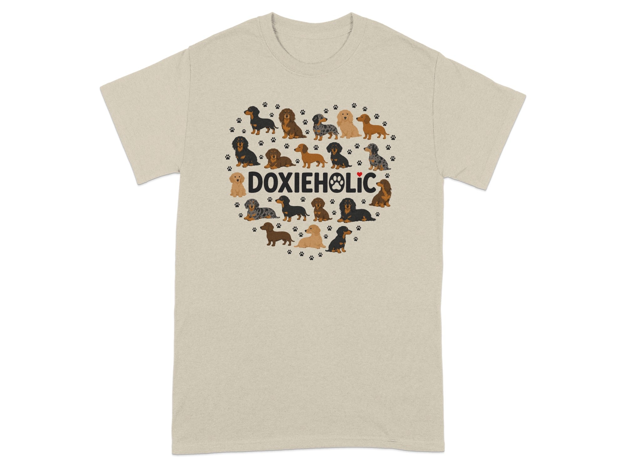T-shirt with a heart made of dachshunds and paw prints, text reads "DOXIEHOLIC".