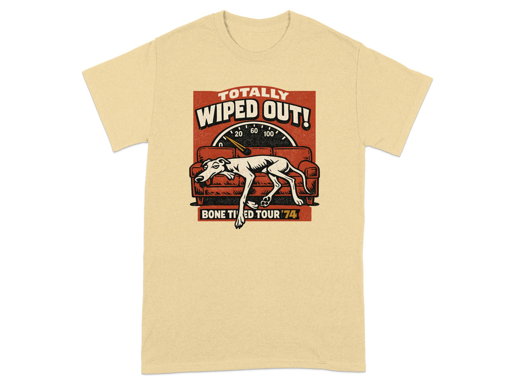 T-shirt graphic with a dog on a couch and "Totally Wiped Out! Bone Tired Tour '74".
