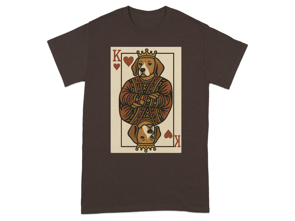 Brown t-shirt with King of Hearts card featuring a dog wearing a crown and regal clothing.