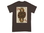 Brown t-shirt with King of Hearts card featuring a dog wearing a crown and regal clothing.