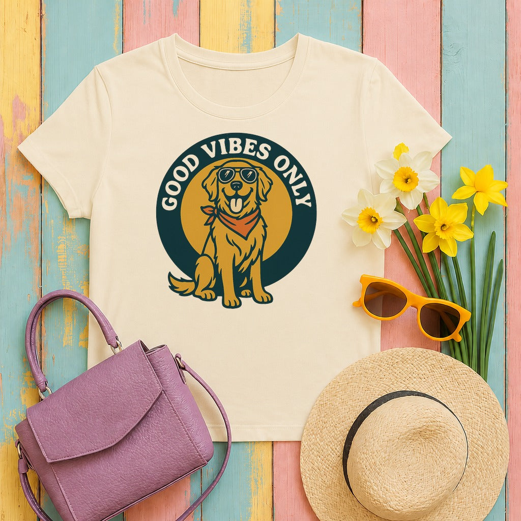 mig2 good-vibes-only-golden-retriever-with-gl tee flat lay hero v8