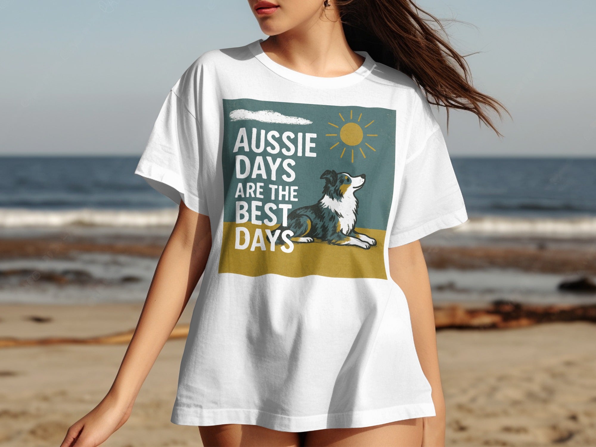 White t-shirt with "Aussie Days Are The Best Days" text and a Border Collie.