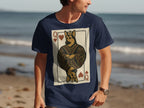 German Shepherd Queen of Hearts playing card graphic on navy t-shirt.