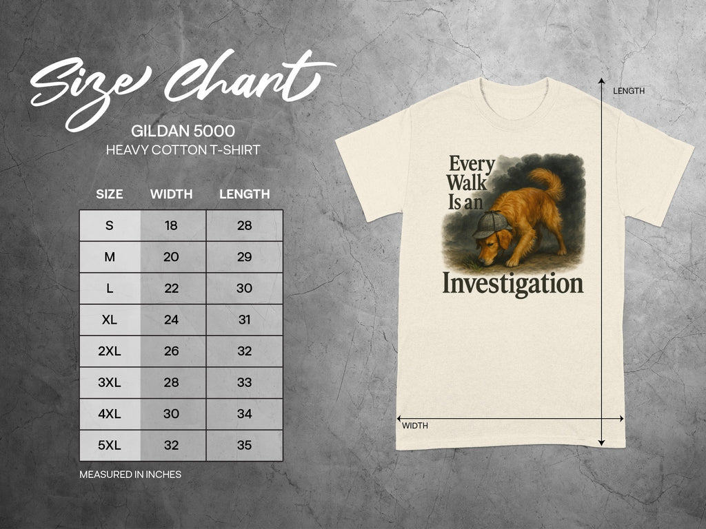 Size chart for Gildan 5000 heavy cotton t-shirt with dog graphic.