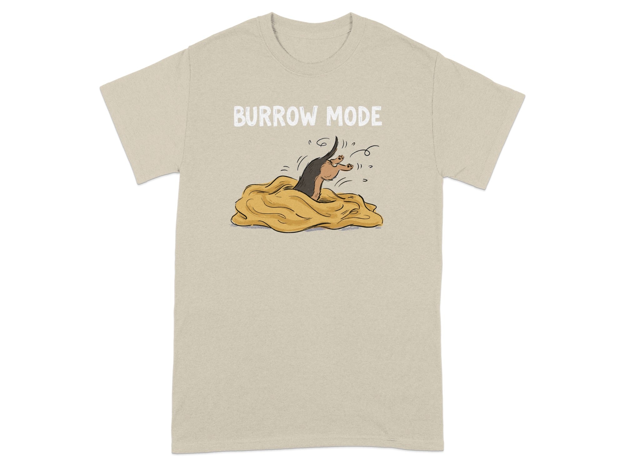 T-shirt with a cartoon mole popping out of a dirt pile, reading "Burrow Mode".