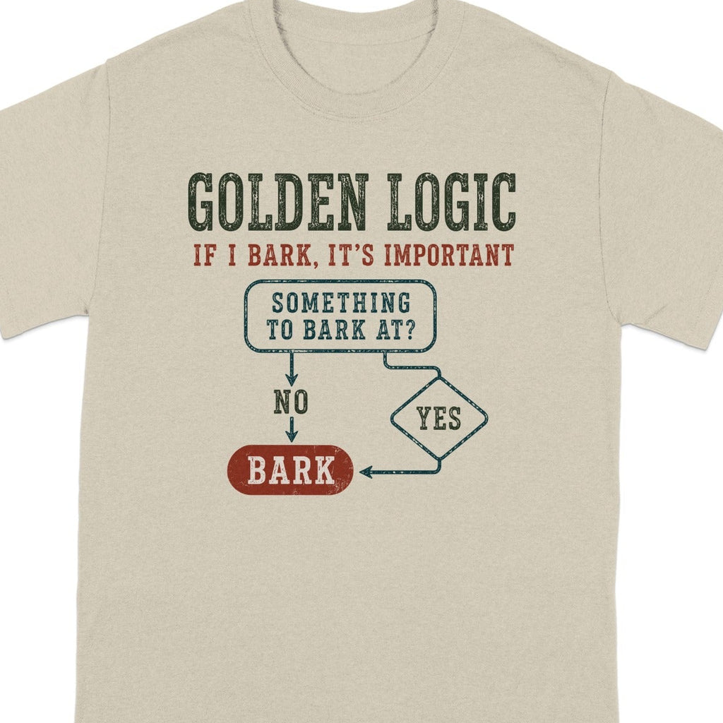 T-shirt with a flowchart explaining "Golden Logic" about barking.