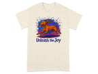 Orange dog with ears back and tongue out, splattered paint, and text "Unleash the Joy".