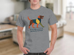 Grey t-shirt with geometric dog graphic and text "feral little creature, perfectly formed".