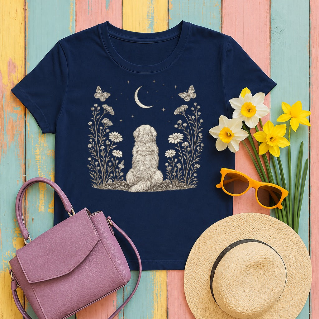 Cottage Core Golden Retriever T-Shirt in Navy