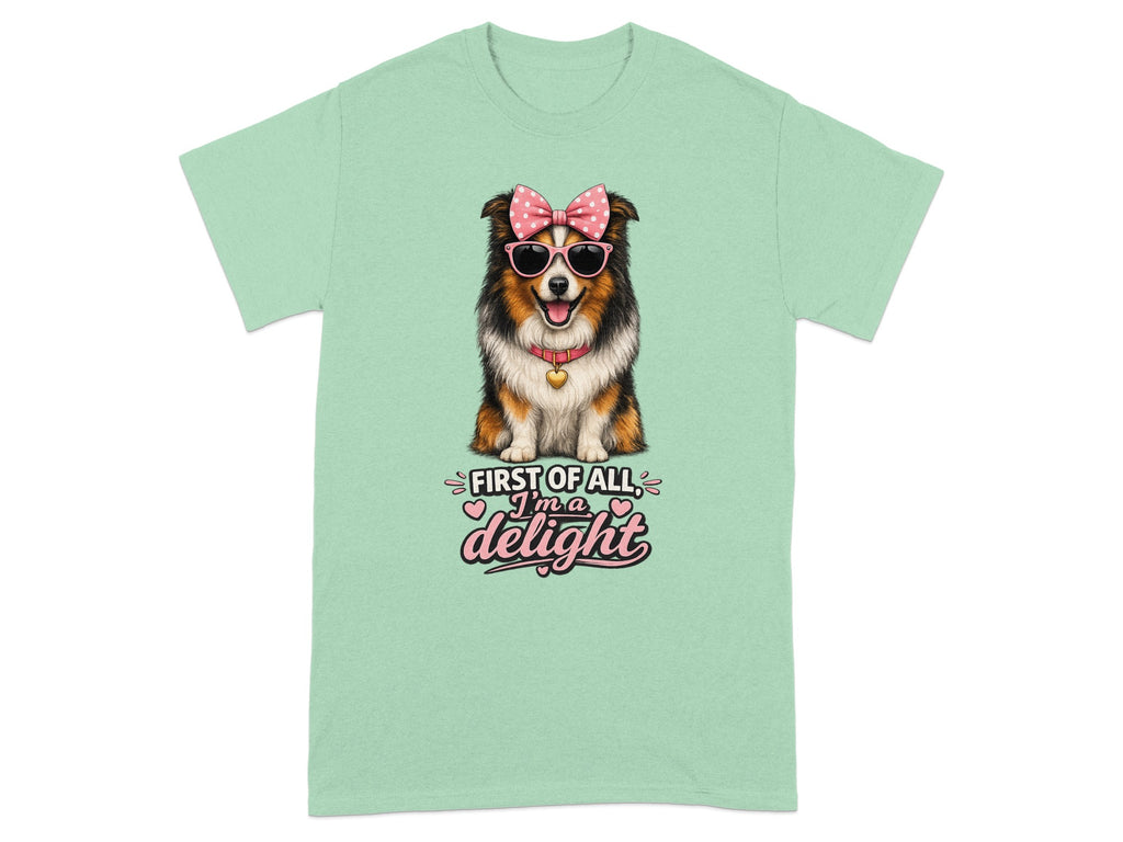 T-shirt with a cute dog wearing sunglasses and a pink polka dot bow, with text.