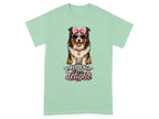 T-shirt with a cute dog wearing sunglasses and a pink polka dot bow, with text.