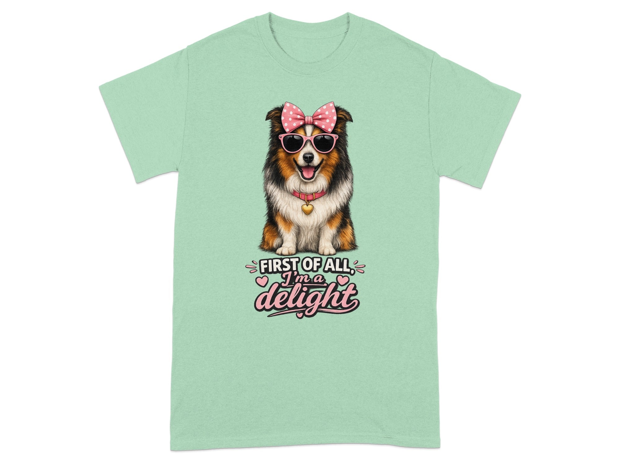T-shirt with a cute dog wearing sunglasses and a pink polka dot bow, with text.