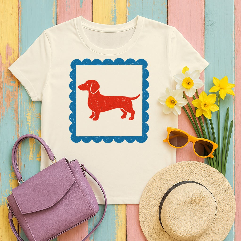 Cute Dachshund Blue Bordered Frame Detailed T-Shirt in Natural