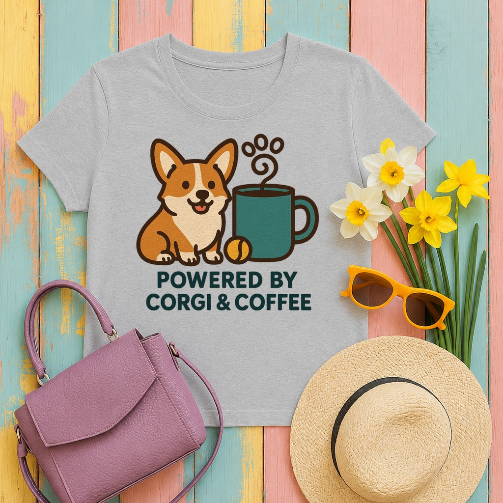 Corgi & Coffee Powered Whimsical T-Shirt in Sport Grey