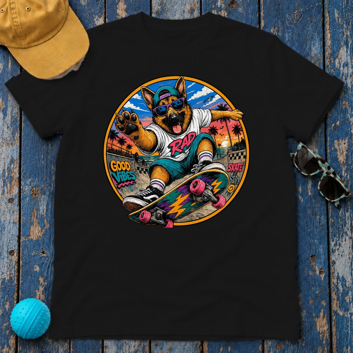 Rad Skater German Shepherd T-Shirt in Black