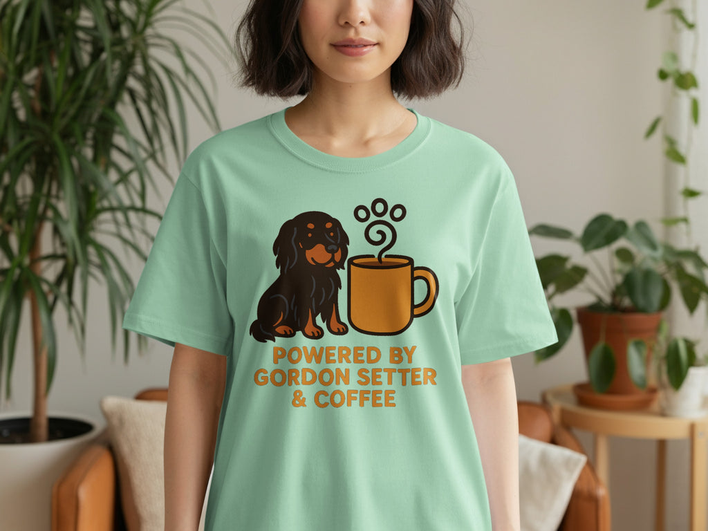 Gordon Setter and coffee graphic on a light green t-shirt.